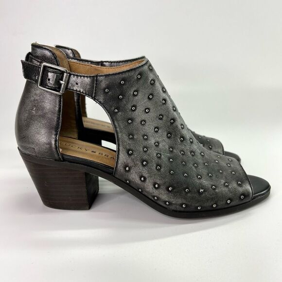 Lucky Brand Barimo Open Toe Studded Leather Booties 7.5 Metallic Grey - Picture 9 of 16